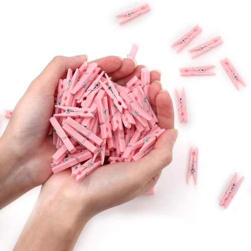 100PCS Baby Shower Games Clothespins Girl Plastic Clothes Pin Pink 1.37inch | Clothes Pin with Waterproof Bag Mini Pin Bulk for Don't Say Baby Party Decorations, DIY Crafts