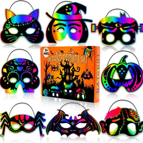 1 Natonhi 32Pcs Halloween Crafts for Kids Rainbow Scratch Mask, Halloween Games Scratch Art and Craft Kit Classroom Activities Favors Party Supplies