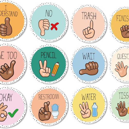 1 JarThenaAMCS 12 Pcs Boho Classroom Hand Signals Posters Pastel Teachers Sign Language Cutout for Back to School Classroom Learning Bulletin Board Decor