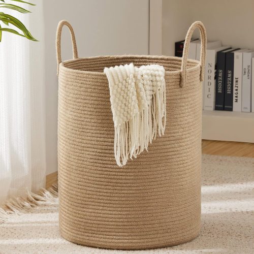 1 Jute Rope Laundry Hamper Basket, 58L Blanket Basket for Nursery