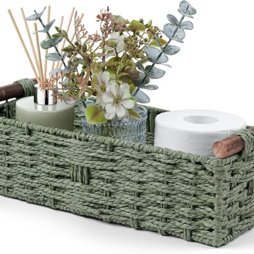 Round Paper Rope Storage Basket Wicker Baskets for Organizing with Handle Decorative Storage Bins for Countertop Toilet Paper Basket for Toilet Tank Top Small Baskets Set,Green