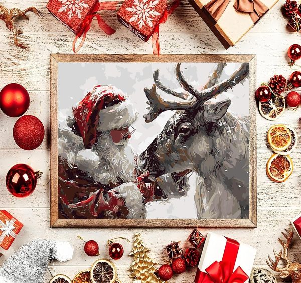 AREOPNMG Christmas Santa Claus Paint by Numbers Kit for Adults Beginner DIY Winter Elk Painting by Numbers Kits,with 3 Brushes and Acrylic Paint(Without Frame), Home Wall Decor 16 x 12 in