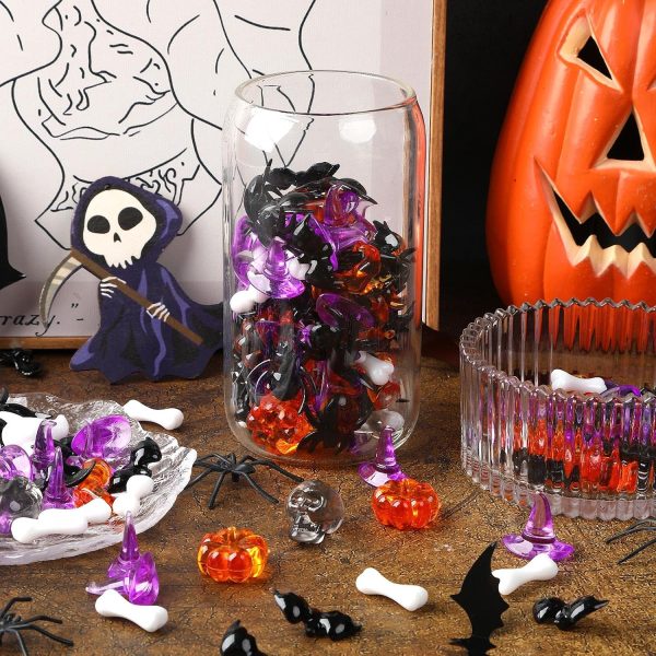 3 120Pcs Halloween Mini Ornaments Vase Filler Table Scatters Craft | Mini Ghost Skull Skeleton Witch Hats Bones Spider Pumpkin, Crystals Gems, Halloween Decoration Party Favors