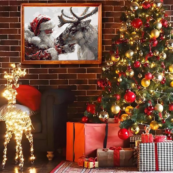 AREOPNMG Christmas Santa Claus Paint by Numbers Kit for Adults Beginner DIY Winter Elk Painting by Numbers Kits,with 3 Brushes and Acrylic Paint(Without Frame), Home Wall Decor 16 x 12 in