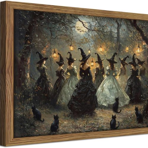 Framed Vintage Halloween Witches Wall Art, Dark Academia Gothic Black Cat Painting Canvas Prints, Halloween Wall Decor, Coven of Witches Dancing Scene Forest Poster for Living Room 8x10in