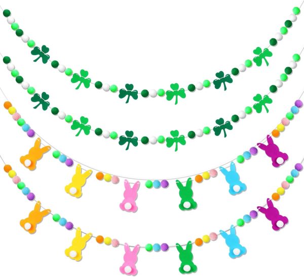 4 Pcs St. Patrick's Day Easter Banner Decor St. Patrick's Day Felt Garland Easter Garland Bunny Shamrock Clover Hanging Banner for Party Mantle Home Supplies