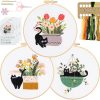 Embroidery Kit for Beginners, Adult Stamped Kits with Cat Floral Patterns | DIY Starter Kit Hand Cross Stitch Set Includes Hoop Needles Floss Step-by-Step Video Tutorial, Complete Sewing Craft Supplies