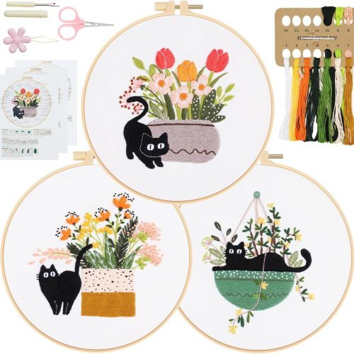 Embroidery Kit for Beginners, Adult Stamped Kits with Cat Floral Patterns | DIY Starter Kit Hand Cross Stitch Set Includes Hoop Needles Floss Step-by-Step Video Tutorial, Complete Sewing Craft Supplies