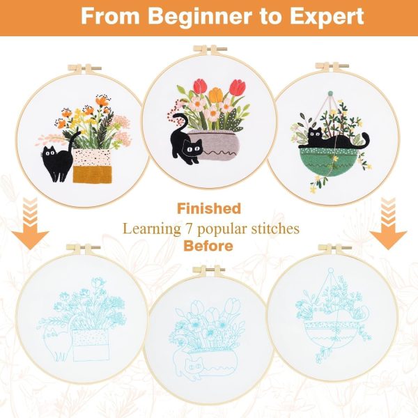 Embroidery Kit for Beginners, Adult Stamped Kits with Cat Floral Patterns | DIY Starter Kit Hand Cross Stitch Set Includes Hoop Needles Floss Step-by-Step Video Tutorial, Complete Sewing Craft Supplies