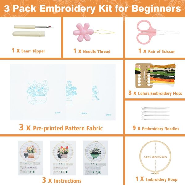 Embroidery Kit for Beginners, Adult Stamped Kits with Cat Floral Patterns | DIY Starter Kit Hand Cross Stitch Set Includes Hoop Needles Floss Step-by-Step Video Tutorial, Complete Sewing Craft Supplies