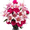 CT0404-BR-28GT_1 Hotop 20 Pcs Artificial Lily and Rose Flower Bouquet with Long Stem Realistic Silk Fake Floral Arrangement Gift for Mother Day Bridal Wedding Table Centerpiece(Pink & Red)