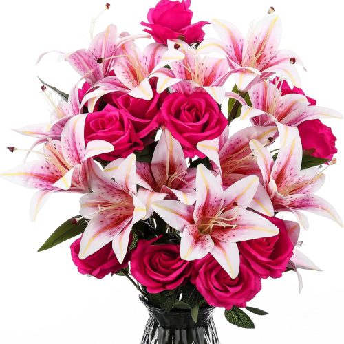 Hotop 20 Pcs Artificial Lily and Rose Flower Bouquet with Long Stem Realistic Silk Fake Floral Arrangement Gift for Mother Day Bridal Wedding Table Centerpiece(Pink & Red)