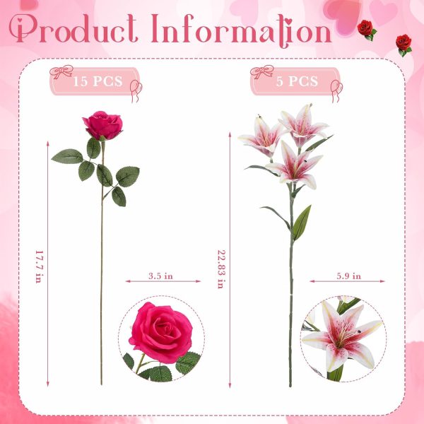 CT0404-BR-28GT_2 Hotop 20 Pcs Artificial Lily and Rose Flower Bouquet with Long Stem Realistic Silk Fake Floral Arrangement Gift for Mother Day Bridal Wedding Table Centerpiece(Pink & Red)