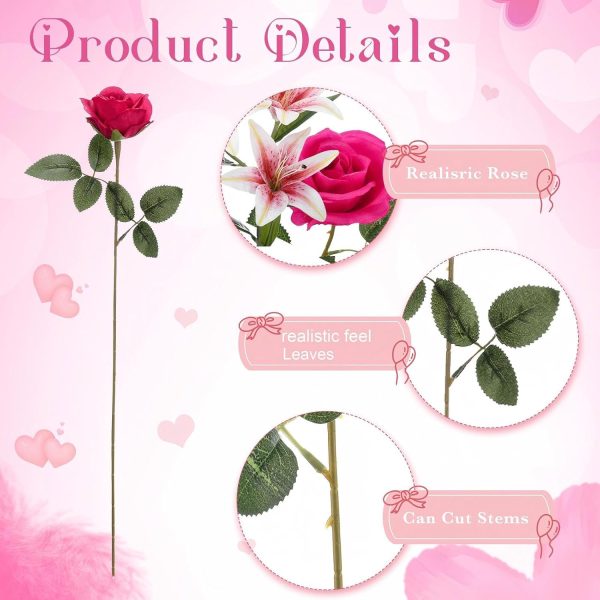 CT0404-BR-28GT_3 Hotop 20 Pcs Artificial Lily and Rose Flower Bouquet with Long Stem Realistic Silk Fake Floral Arrangement Gift for Mother Day Bridal Wedding Table Centerpiece(Pink & Red)
