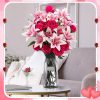 CT0404-BR-28GT_4 Hotop 20 Pcs Artificial Lily and Rose Flower Bouquet with Long Stem Realistic Silk Fake Floral Arrangement Gift for Mother Day Bridal Wedding Table Centerpiece(Pink & Red)