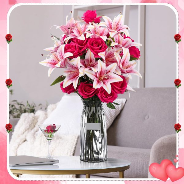 CT0404-BR-28GT_4 Hotop 20 Pcs Artificial Lily and Rose Flower Bouquet with Long Stem Realistic Silk Fake Floral Arrangement Gift for Mother Day Bridal Wedding Table Centerpiece(Pink & Red)