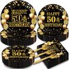 Kepeel 50th Birthday Plates and Napkins Set, Serves 50 | 200-piece black and gold tableware kit with dinner plates, dessert plates, napkins and forks for a 50th birthday