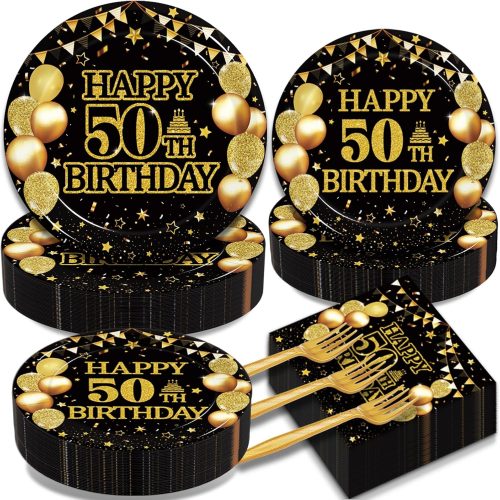 Kepeel 50th Birthday Plates and Napkins Set, Serves 50 | 200-piece black and gold tableware kit with dinner plates, dessert plates, napkins and forks for a 50th birthday