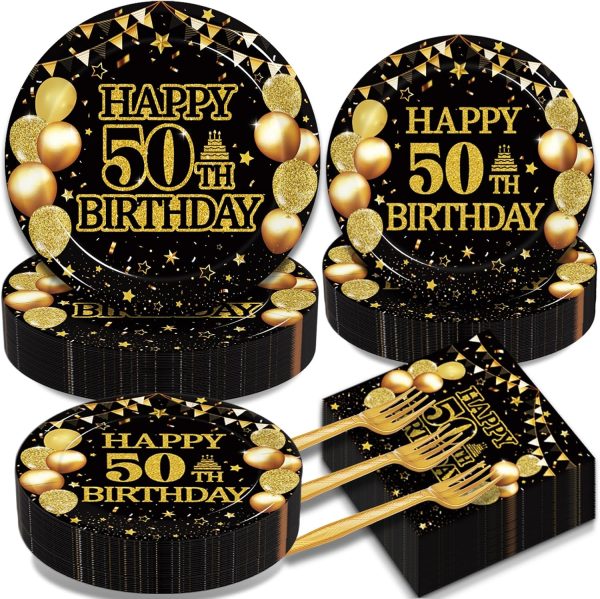 Kepeel 50th Birthday Plates and Napkins Set, Serves 50 | 200-piece black and gold tableware kit with dinner plates, dessert plates, napkins and forks for a 50th birthday