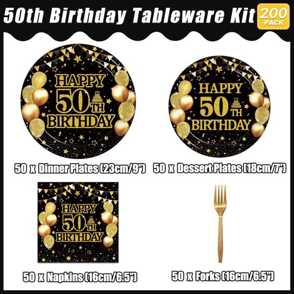 Kepeel 50th Birthday Plates and Napkins Set, Serves 50 | 200-piece black and gold tableware kit with dinner plates, dessert plates, napkins and forks for a 50th birthday