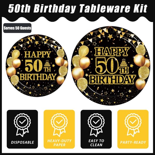 Kepeel 50th Birthday Plates and Napkins Set, Serves 50 | 200-piece black and gold tableware kit with dinner plates, dessert plates, napkins and forks for a 50th birthday