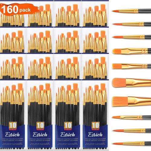 ESRICH Acrylic Paint Brushes Set, 16Packs/160Pcs, Nylon Brush Head, Suitable for Acrylic,Oil,Watercolor,Rock Body Face Nail Art,Perfect Suit of Art Painting,Best Gift for Kids Adult Drawing(Black)