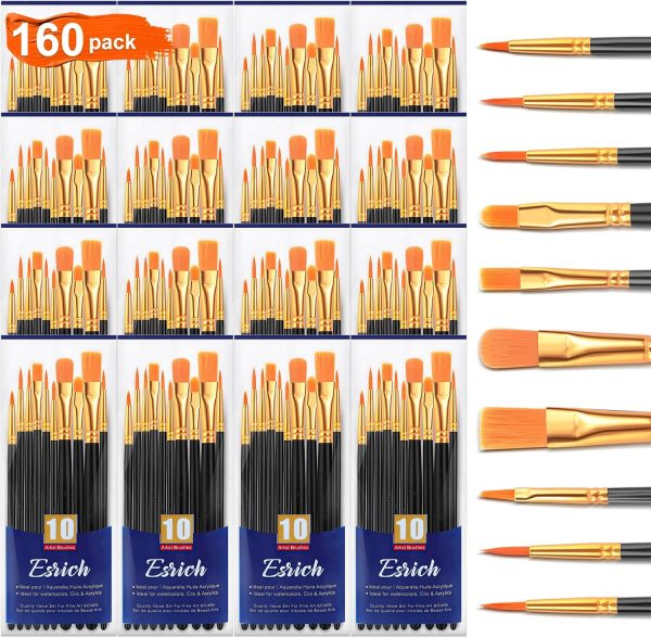 CT0408-PB-04GT_1 ESRICH Acrylic Paint Brushes Set, 16Packs/160Pcs, Nylon Brush Head, Suitable for Acrylic,Oil,Watercolor,Rock Body Face Nail Art,Perfect Suit of Art Painting,Best Gift for Kids Adult Drawing(Black)