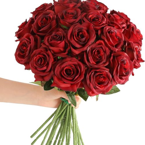 Tifuly 12Pcs Roses Realistic Long Stem Fake Silk Artificial Flowers Red | Realistic Long Stem Fake Roses Faux Silk Flowers for DIY Bouquets Wedding Centerpieces Arrangements Home Party Decor Burgundy