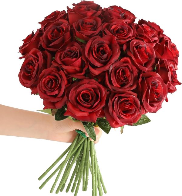 Tifuly 12Pcs Roses Realistic Long Stem Fake Silk Artificial Flowers Red | Realistic Long Stem Fake Roses Faux Silk Flowers for DIY Bouquets Wedding Centerpieces Arrangements Home Party Decor Burgundy