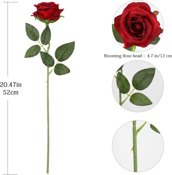 Tifuly 12Pcs Roses Realistic Long Stem Fake Silk Artificial Flowers Red | Realistic Long Stem Fake Roses Faux Silk Flowers for DIY Bouquets Wedding Centerpieces Arrangements Home Party Decor Burgundy