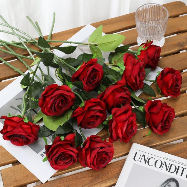 Tifuly 12Pcs Roses Realistic Long Stem Fake Silk Artificial Flowers Red | Realistic Long Stem Fake Roses Faux Silk Flowers for DIY Bouquets Wedding Centerpieces Arrangements Home Party Decor Burgundy