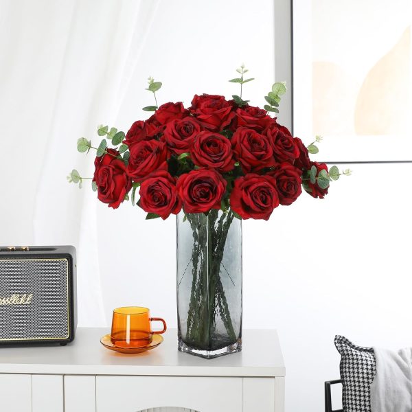 Tifuly 12Pcs Roses Realistic Long Stem Fake Silk Artificial Flowers Red | Realistic Long Stem Fake Roses Faux Silk Flowers for DIY Bouquets Wedding Centerpieces Arrangements Home Party Decor Burgundy