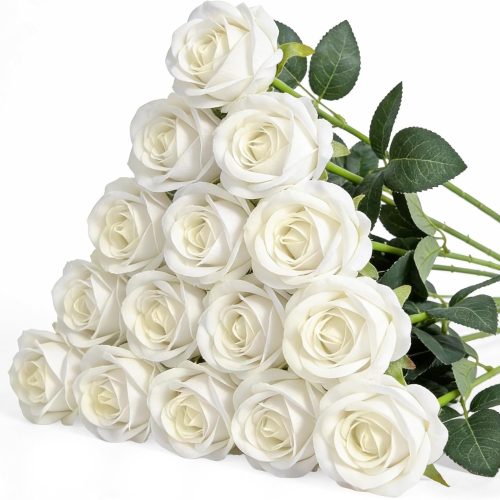 15PCS Artificial Flowers Fake Roses, Silk Artificial Ivory White Roses with Stems Realistic Bouquets for Wedding Centerpiece Valentines Day Decorations Home Decor Party Crafts DIY
