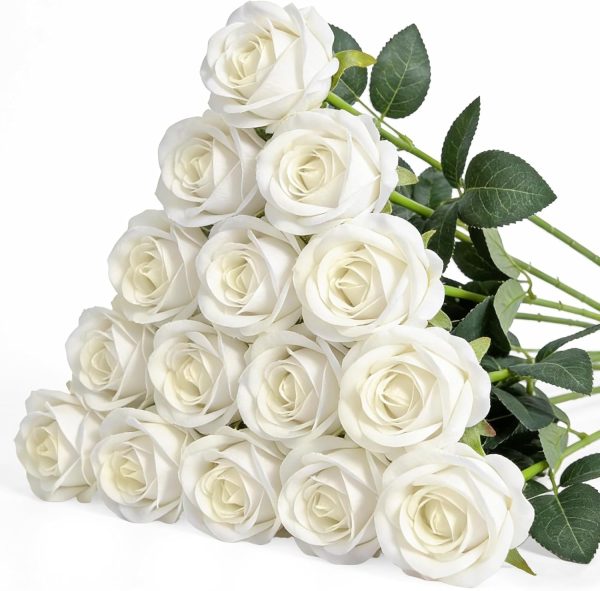 15PCS Artificial Flowers Fake Roses, Silk Artificial Ivory White Roses with Stems Realistic Bouquets for Wedding Centerpiece Valentines Day Decorations Home Decor Party Crafts DIY