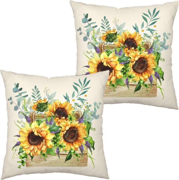 Sunflower Pillow Covers Spring Summer Floral Throw Pillow Covers Set of 2 Sunflowers with Eucalyptus Leaves Farmhouse Pillow Case 18x18 for Sofa Car Patio, Cotton Linen