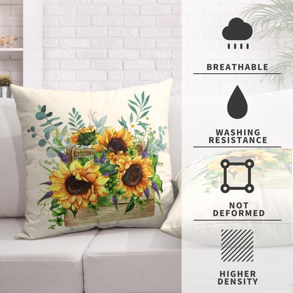 Sunflower Pillow Covers Spring Summer Floral Throw Pillow Covers Set of 2 Sunflowers with Eucalyptus Leaves Farmhouse Pillow Case 18x18 for Sofa Car Patio, Cotton Linen