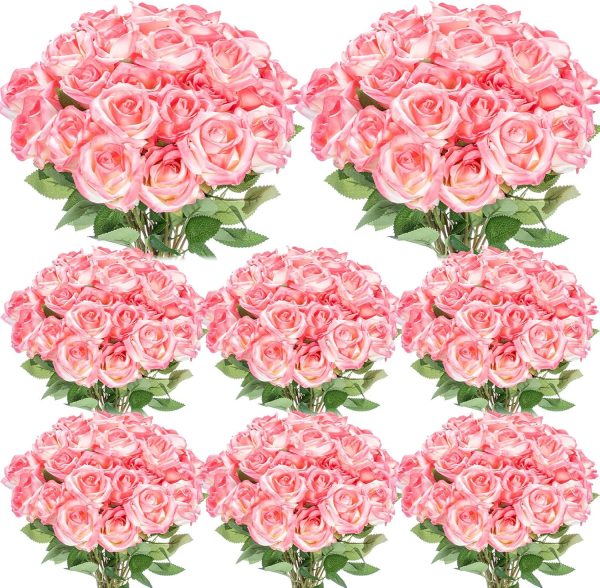 Hotop 80 Pcs Rose Artificial Flowers Bulk with Long Stem, Silk Roses Realistic Fake Flowers Bouquet for Wedding Table Centerpieces Bridal Shower Party Home Decorations(Gradient Pink)