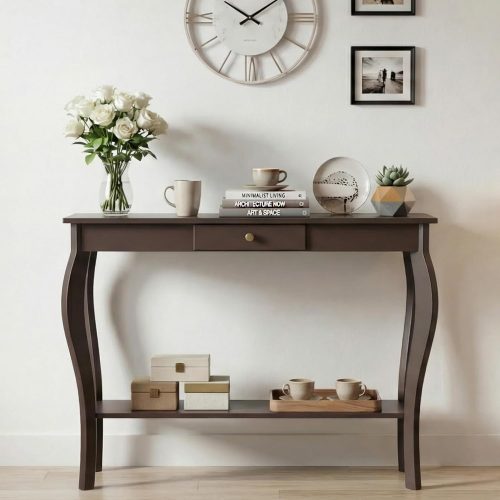 ChooChoo 39" Narrow Entryway Table with Drawer, Espresso | Console Table with Curved Legs, Chic Accent Sofa Table with Shelves for Entryway, Living Room, Hallway