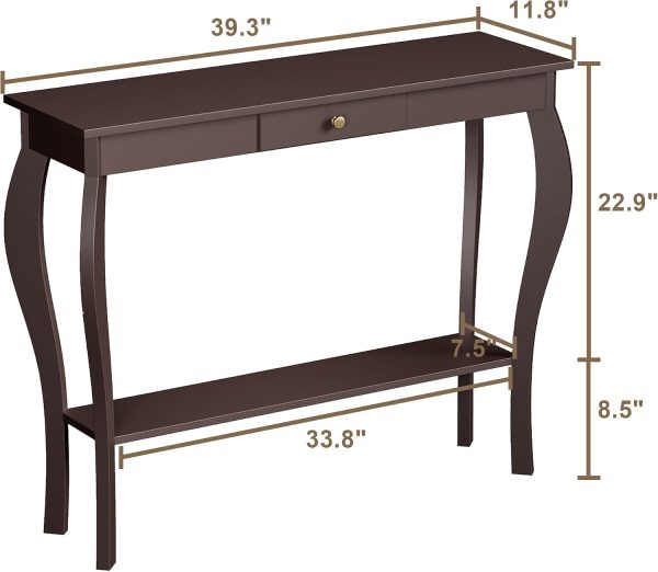 ChooChoo 39" Narrow Entryway Table with Drawer, Espresso | Console Table with Curved Legs, Chic Accent Sofa Table with Shelves for Entryway, Living Room, Hallway