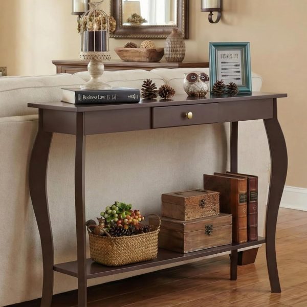ChooChoo 39" Narrow Entryway Table with Drawer, Espresso | Console Table with Curved Legs, Chic Accent Sofa Table with Shelves for Entryway, Living Room, Hallway