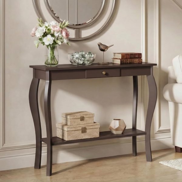 ChooChoo 39" Narrow Entryway Table with Drawer, Espresso | Console Table with Curved Legs, Chic Accent Sofa Table with Shelves for Entryway, Living Room, Hallway