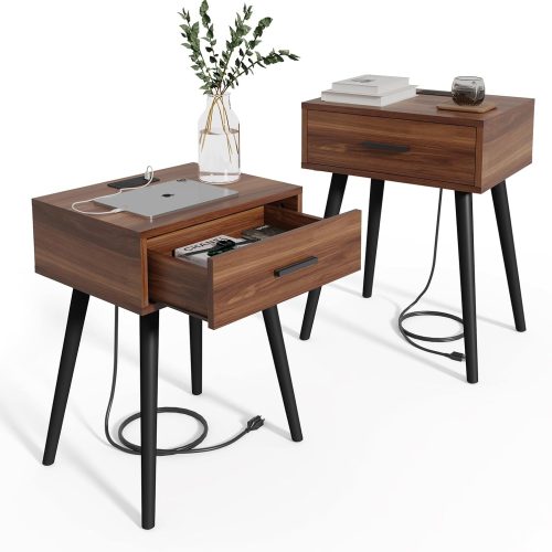 HAIOOU Nightstands Set of 2,Mid Century Bedside Table with Charging Station