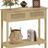 Trironsun Farmhouse Rattan Console Table with 2 Drawers 2 Tier Boho Narrow Long Sofa Table Natural with Open Storage Shelf Wood Entryway Table for Living Room Hallway Foyer (Nature, 39.4 Inch)