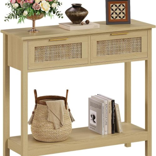 CT0425271JS_1 Trironsun Farmhouse Rattan Console Table with 2 Drawers 2 Tier Boho Narrow Long Sofa Table Natural with Open Storage Shelf Wood Entryway Table for Living Room Hallway Foyer (Nature, 39.4 Inch)