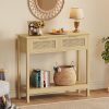 Trironsun Farmhouse Rattan Console Table with 2 Drawers 2 Tier Boho Narrow Long Sofa Table Natural with Open Storage Shelf Wood Entryway Table for Living Room Hallway Foyer (Nature, 39.4 Inch)