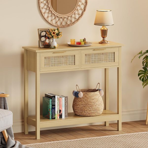 Trironsun Farmhouse Rattan Console Table with 2 Drawers 2 Tier Boho Narrow Long Sofa Table Natural with Open Storage Shelf Wood Entryway Table for Living Room Hallway Foyer (Nature, 39.4 Inch)