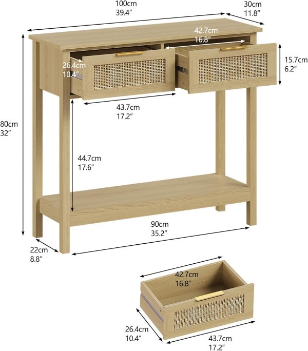 Trironsun Farmhouse Rattan Console Table with 2 Drawers 2 Tier Boho Narrow Long Sofa Table Natural with Open Storage Shelf Wood Entryway Table for Living Room Hallway Foyer (Nature, 39.4 Inch)