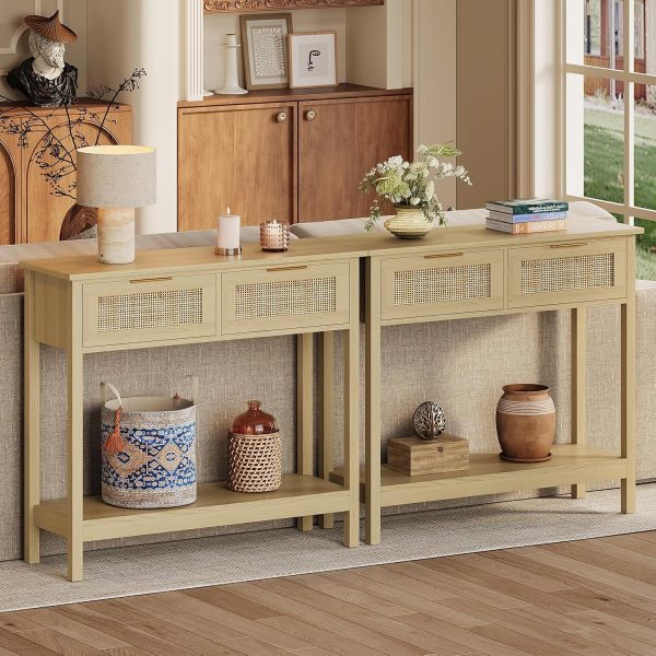 Trironsun Farmhouse Rattan Console Table with 2 Drawers 2 Tier Boho Narrow Long Sofa Table Natural with Open Storage Shelf Wood Entryway Table for Living Room Hallway Foyer (Nature, 39.4 Inch)