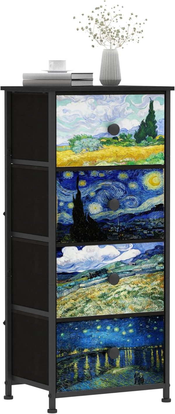 Narrow Dresser for Bedroom Slim 4 Drawer Dresser Vertical Storage Tower Unit for Living Room Hallway Closet Sturdy Steel Frame Wooden Top Easy Pull Handle