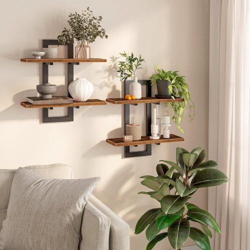 HOOBRO Floating Shelves for Wall, 15" Wall Shelf Set of 2, Wall Mounted Storage Shelves 2-Tier, Hanging Bathroom Shelves, for Living Room, Bedroom, Bathroom, Kitchen, Rustic Brown and Black BF32BJ01G1